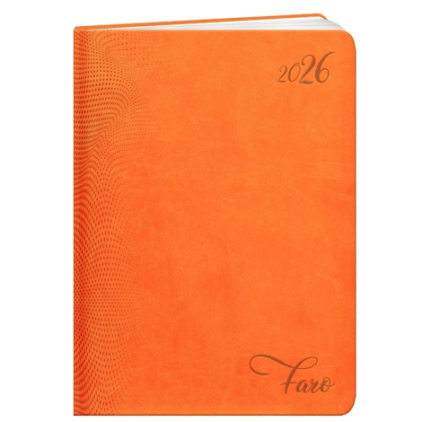 Agenda orange vu de face avec marquage en relief en haut à droite et en bas de la couverture (marquage visible).