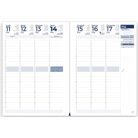Double page intérieure d’un agenda grand format montrant la semaine de mai 2026 en colonnes horaires avec mentions de fêtes et e