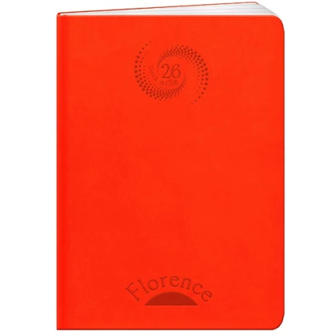 Agenda rouge vu de face, coins arrondis, marquage en relief en haut et en bas de la couverture (marquage visible).