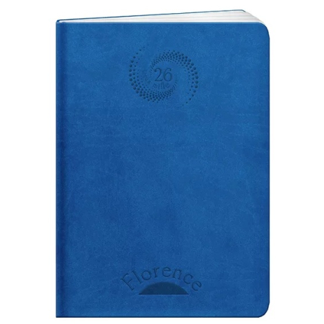 Agenda bleu vu de face, coins arrondis, marquage en relief en haut et en bas de la couverture (marquage visible).