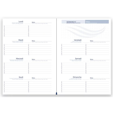 Double page intérieure présentant une semaine complète avec espaces journaliers, numéros de semaine et encadrés de notes.