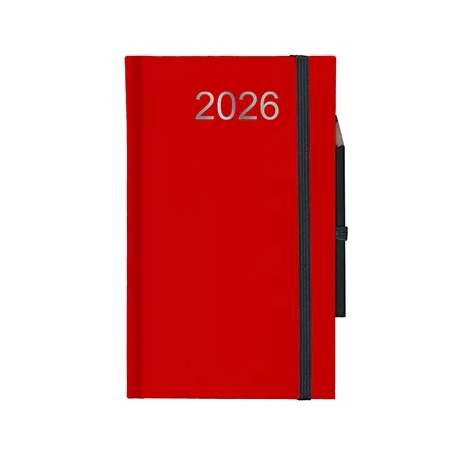 Agenda rigide rouge vertical avec élastique de maintien noir à droite et porte-crayon, marquage visible en haut de la couverture