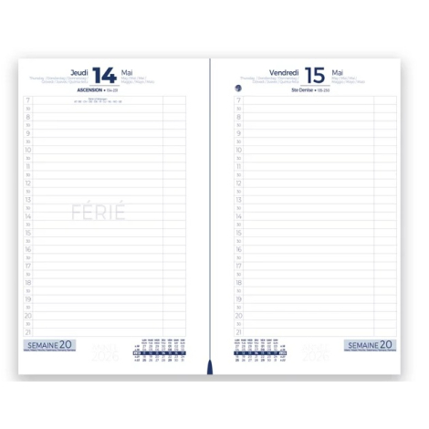 Double page intérieure présentant deux jours (jeudi et vendredi) avec colonnes horaires et petits calendriers mensuels en bas de