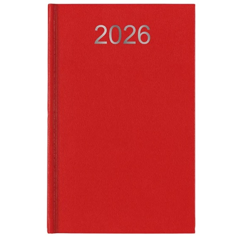 Agenda rouge présenté de face, marquage visible en haut de la couverture.