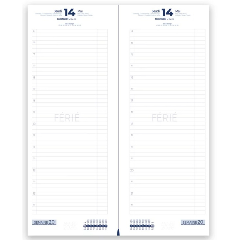 Double page intérieure présentant une journée par page avec colonnes horaires détaillées et petits calendriers mensuels en bas.