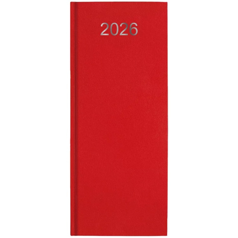 Agenda rouge au format allongé vertical, marquage visible en haut de la couverture.