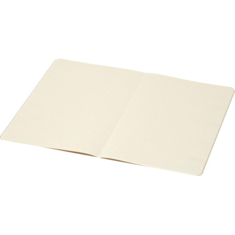 Carnet A5 ouvert montrant ses pages crème à pointillés réguliers.
