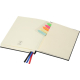 Carnet A5 ouvert montrant la pochette intérieure et les accessoires colorés.