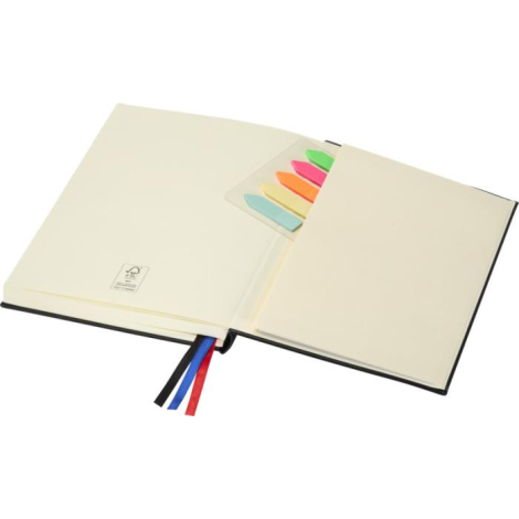 Carnet A5 ouvert montrant la pochette intérieure et les accessoires colorés.