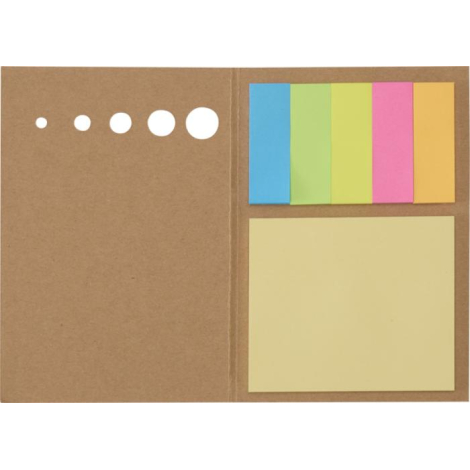 Marque-page autocollant kraft ouvert à plat montrant les notes jaunes et les cinq blocs colorés.