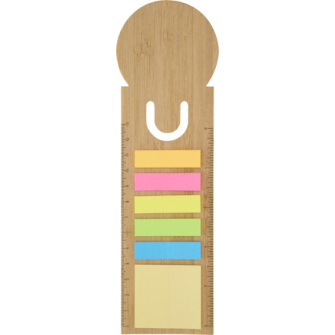 Règle marque-page avec graduations latérales et blocs de notes autocollantes multicolores.