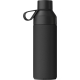 Bouteille isotherme noire présentée de face avec surface mate et poignée intégrée au bouchon.