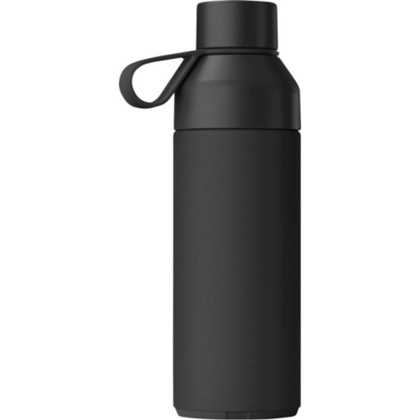 Bouteille isotherme noire présentée de face avec surface mate et poignée intégrée au bouchon.