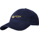 Casquette 6 pans en velours côtelé bleu marine présentée de trois quarts avec marquage visible à l’avant.