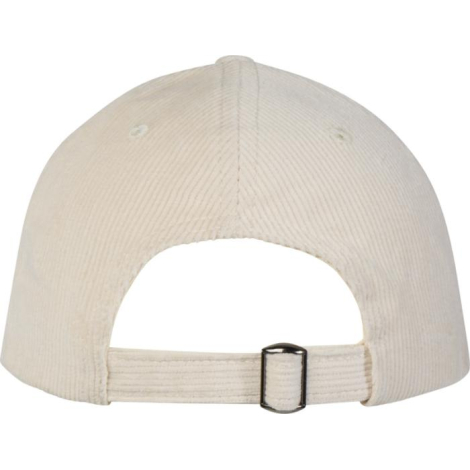 Casquette 6 pans en velours côtelé beige présentée de dos avec boucle métallique réglable.