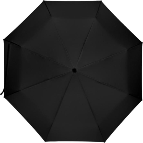 Vue du dessus d’un parapluie noir entièrement ouvert montrant sa forme octogonale.