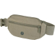 Sac banane beige vu de trois quarts avant avec marquage visible sur la poche avant.