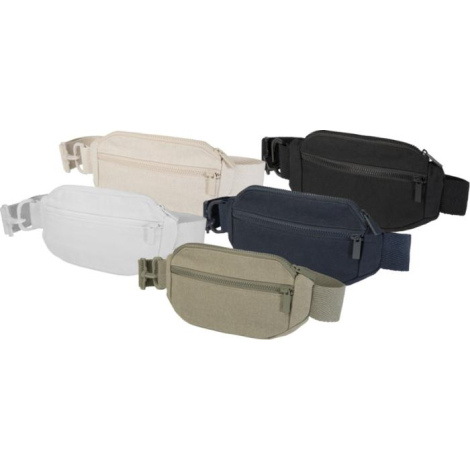 Ensemble de cinq sacs banane de coloris variés (beige, blanc, noir, bleu marine, sable) présentés côte à côte.
