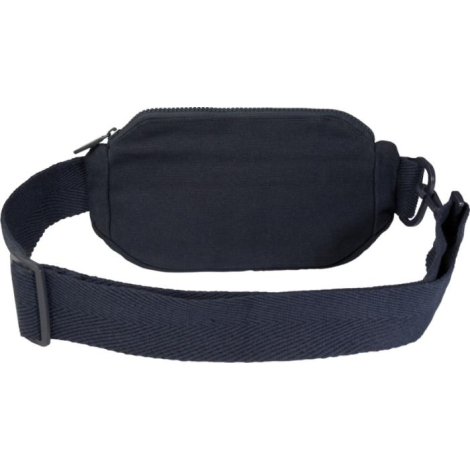Vue arrière d’un sac banane bleu marine montrant la sangle réglable et la boucle.