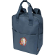 Sac à dos bleu vu de trois quarts avant, double poignée supérieure et poche frontale zippée avec marquage visible.