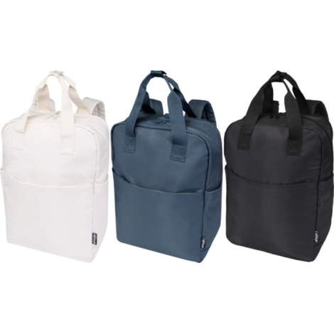 Trois sacs à dos (beige, bleu, noir) présentés côte à côte, sans personnalisation visible.