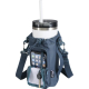Sac porte-bouteille bleu avec gourde, téléphone et clés visibles dans les poches avant et latérale.