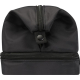 Vue rapprochée d’une trousse noire fermée, montrant les deux fermetures zippées et le bouton pression.