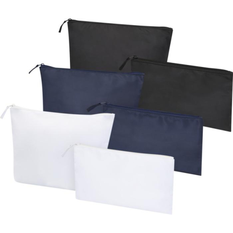 Ensemble de six trousses de deux tailles en coloris noir, bleu marine et blanc, sans personnalisation visible.
