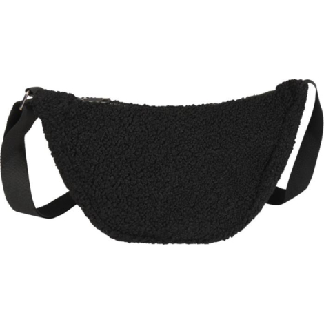 Vue arrière d’un sac banane noir en matière sherpa avec sangle réglable et fermeture zippée.