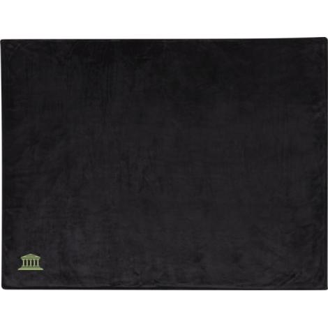 Couverture noire dépliée vue de dessus avec marquage visible dans un angle inférieur.