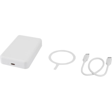 Batterie blanche posée à plat avec ses accessoires : anneau magnétique et câble USB-C visibles.