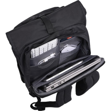Sac à dos noir ouvert, montrant l’intérieur avec ordinateur portable, tablette et accessoires électroniques.