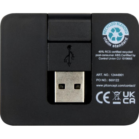 Vue arrière du hub montrant les ports USB et les mentions techniques imprimées, sans personnalisation visible.