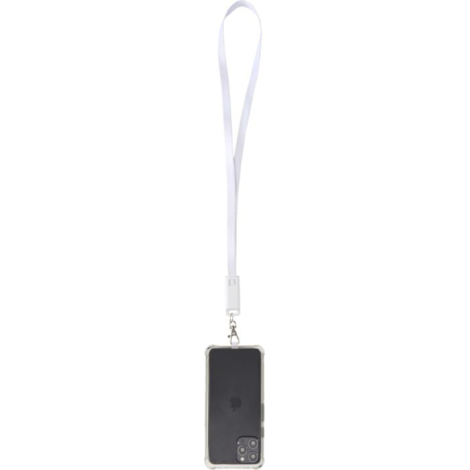 Tour de cou blanc suspendu tenant un smartphone noir, languette de fixation visible.