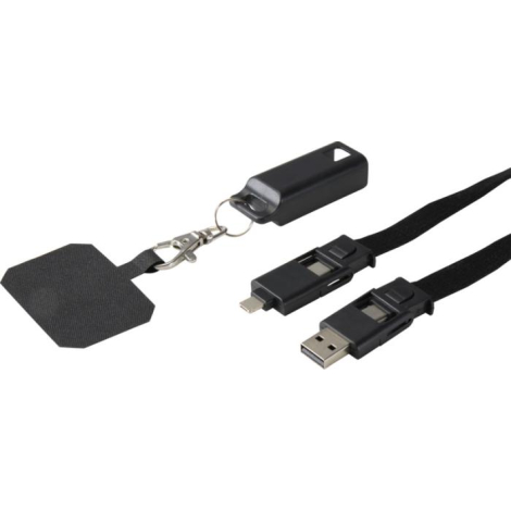 Détail du câble 5 en 1 noir détaché, connectiques USB et Type-C visibles, aucun marquage apparent.