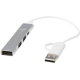 Hub USB rectangulaire en aluminium argenté relié à un câble blanc, marquage visible sur la face avant.