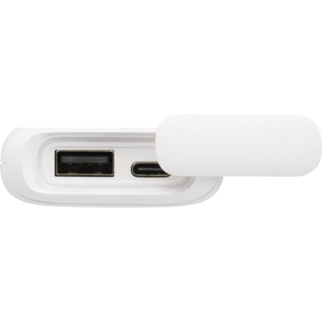 Batterie blanche montrant ports USB et USB-C protégés par capuchon silicone, aucune personnalisation visible.