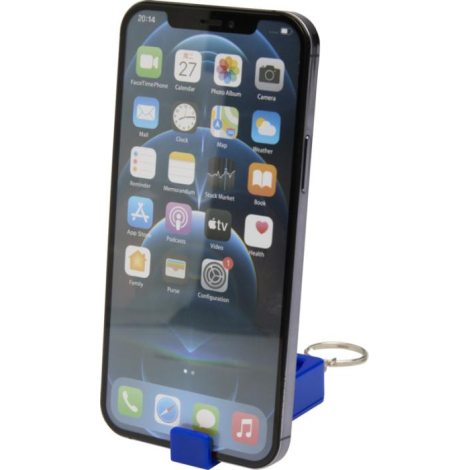 Support de téléphone bleu maintenant un smartphone en position verticale, aucune personnalisation visible.