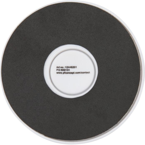 Vue du dessous d’un support circulaire blanc avec surface noire antidérapante, aucune personnalisation visible.