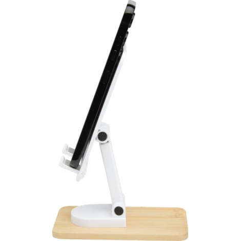 Support blanc ouvert maintenant un smartphone verticalement sur une base en bambou, aucune personnalisation visible.