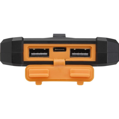 Vue rapprochée des ports USB et USB-C protégés par cache orange, aucune personnalisation visible.