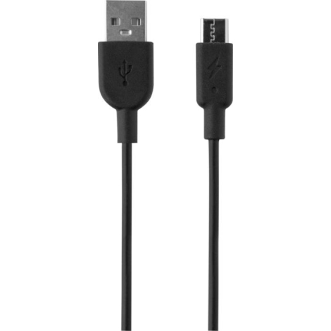 Gros plan sur câble noir avec connecteurs USB et micro-USB, aucune personnalisation visible.