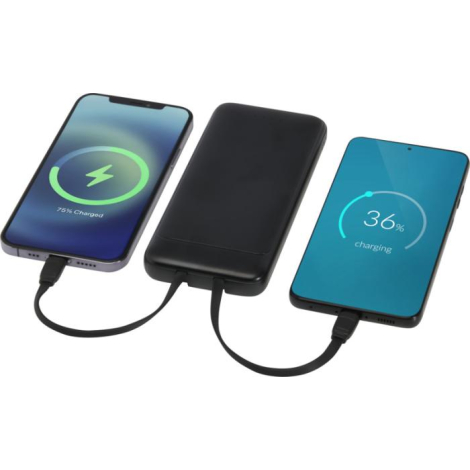Batterie noire reliée simultanément à deux smartphones via câbles plats intégrés, sans personnalisation visible.