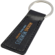 Porte-clés noir rectangulaire en matière souple recyclée, couture apparente et anneau métallique, marquage visible sur la face a Porte-clés noir rectangulaire en matière souple recyclée, couture apparente et anneau métallique, marquage visible sur la face a