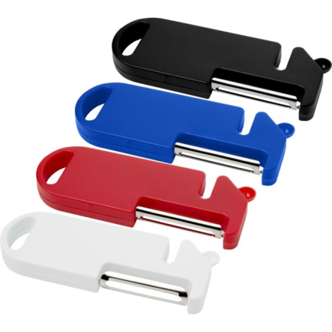 Ensemble d’outils de cuisine Kipper présentés en quatre coloris – noir, bleu, rouge et blanc, sans marquage visible.