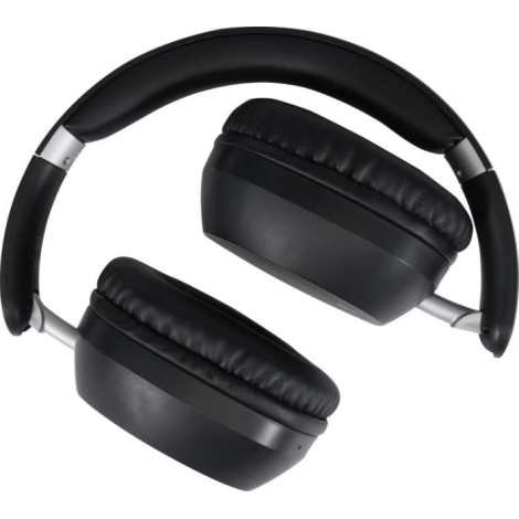 Casque audio pliable noir personnalisable en plastique recyclé, vue de dessus avec arceau mat et coussinets orientés vers l’inté