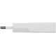 Chargeur 25 W blanc en plastique recyclé certifié GRS, vu de profil avec broches métalliques et inscription latérale en relief, 