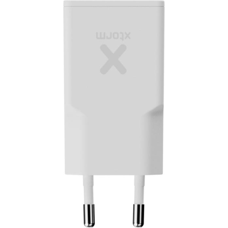 Adaptateur secteur publicitaire blanc 25 W SlimLine, vu de face, broches orientées vers le bas, sans marquage visible.