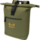 Sac à dos vert kaki avec rabat roulé et fermeture à boucle noire, poche zippée sur la face avant ; marquage visible sous la ferm