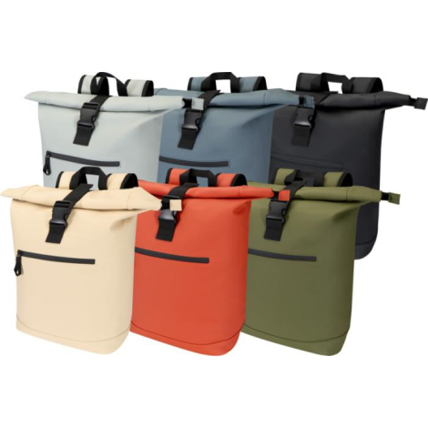 Six sacs à dos présentés côte à côte en plusieurs coloris (beige, orange, vert kaki, bleu clair, bleu foncé et noir) ; aucune pe